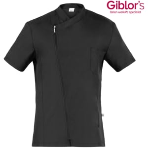 A black tunic with a zip closure and a chest pocket, featuring a logo on the top right corner.