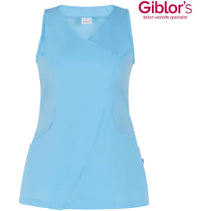 A light blue sleeveless tunic with a wrap design and side pockets, featuring a logo in the top corner.