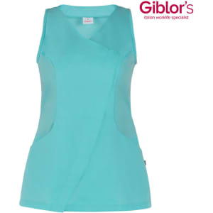 A turquoise sleeveless tunic with a wrap design and pockets, featuring a logo.