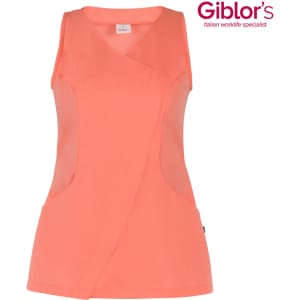 A sleeveless tunic in bright coral with a wrap design and mesh panels, featuring a logo in the top right corner.