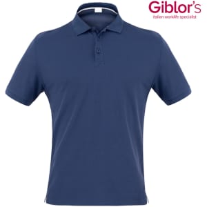 A navy polo shirt with a collar and button placket, featuring a logo in the top corner.