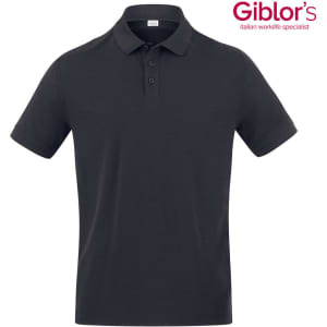 A black polo shirt with a collar and three buttons, featuring a logo on the top right corner.
