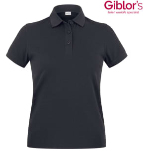 A black polo shirt featuring a collar and three-button placket, with a logo in the top right corner.