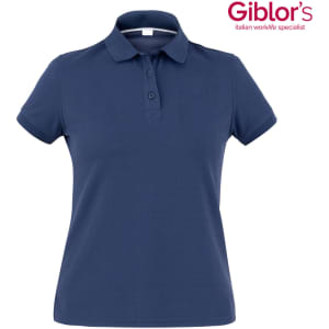 A navy blue polo shirt with a collar and three buttons, featuring a logo on the upper right.