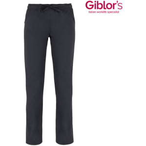 Black pants with a drawstring waistband and a straight leg design, featuring a branding logo.