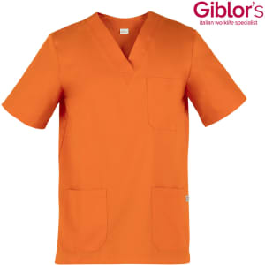 An orange tunic with short sleeves and a pocket, featuring a logo on the upper right.