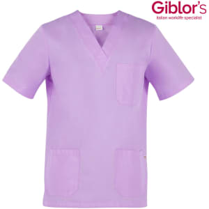 A lilac tunic featuring a V-neck, short sleeves, and multiple pockets. The product has a logo on it.
