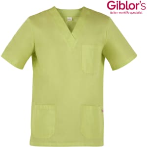 A short-sleeved, lime green tunic featuring a v-neck, chest pocket, and two front pockets. It has a logo.