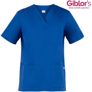 A blue tunic with a V-neck design and front pockets, featuring a logo in the top right corner.