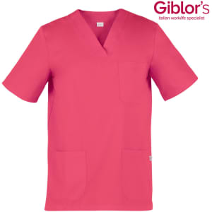 A pink tunic with short sleeves featuring a V-neckline and pockets. It has a logo on the upper right side.