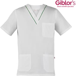 A white tunic with a v-neck, featuring three pockets and green piping details. It includes a logo in the corner.