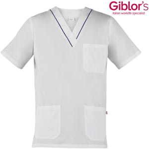 A white tunic featuring short sleeves, a V-neck, and multiple pockets. It has a logo in the corner.