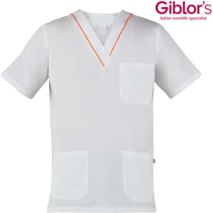 A white tunic with a V-neck, featuring orange trim and two front pockets. It has a logo on the top right.
