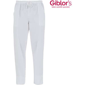 White pants with an elastic waistband and pockets, featuring a logo on the top right corner.