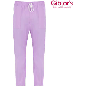 Lilac trousers with a drawstring waistband and two front pockets, featuring a logo in the top right corner.