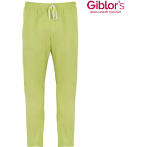 A pair of light green pants with a drawstring waistband and two front pockets, featuring a logo.
