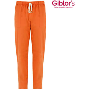 Orange pants with a drawstring waist and side pockets, featuring a logo on the upper right corner.