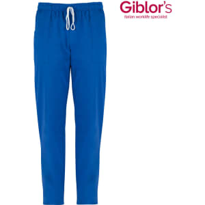 Bright blue pants with a drawstring waist and pockets, accompanied by a logo in the corner.