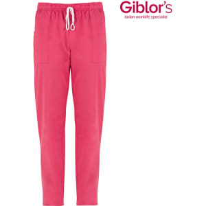 Pink trousers with pockets and a drawstring waistband. The product includes a logo in the top corner.