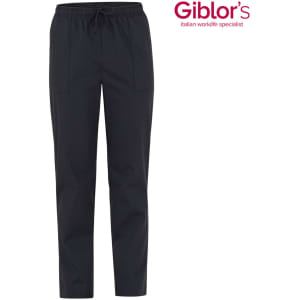 Black pants with a drawstring waist and pockets, featuring a small logo in the top corner.