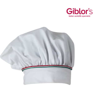 A white chef hat with a red, green, and white striped band at the base, featuring a logo.