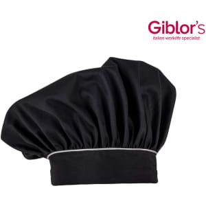 A black chef hat with a white band, featuring a gathered design and a logo.