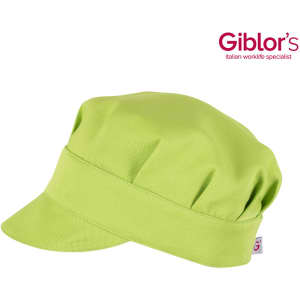 A lime green cap with a rounded top and a wide brim, featuring a logo on the side.