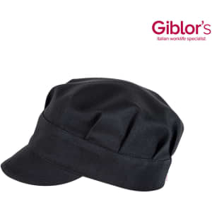 A black cap with a rounded top and a stiff brim, featuring a branding logo on the side.