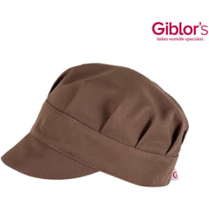 A brown cap with a structured peak and pleated design, featuring a logo.