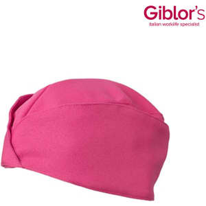 A pink hat with a folded design, featuring a logo on one side.