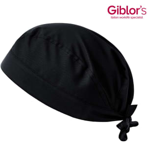 A black bandana with a tie at the back and a logo present.
