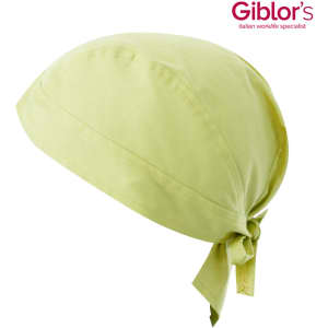 A light green bandana with a tied back design and a small logo on the side.