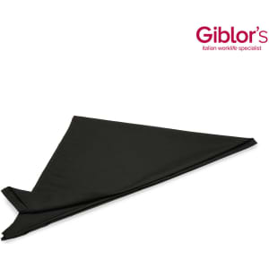 A black triangular napkin with a smooth texture, featuring a logo in the corner.