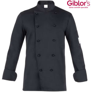A black chef jacket featuring double-breasted buttons and long sleeves, with a logo on the sleeve.