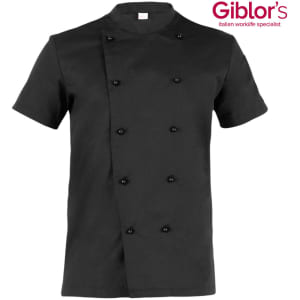 A black chef jacket with short sleeves and double-breasted buttons, featuring a branding logo.
