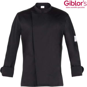 A black chef jacket with a mandarin collar and long sleeves, featuring a logo on the sleeve.