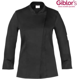 A black chef's jacket with a high collar, featuring a single breast button closure and long sleeves. It has a logo.