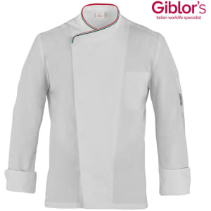 A chef's jacket in crisp white with a stylish design and a single pocket. Features branding on the sleeve.