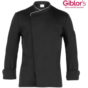 A black chef jacket with a single-breasted design, featuring a pocket and a logo.