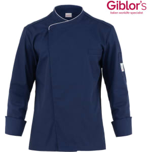 A navy blue chef's jacket with a single pocket and a white trim. It features a logo on one sleeve.