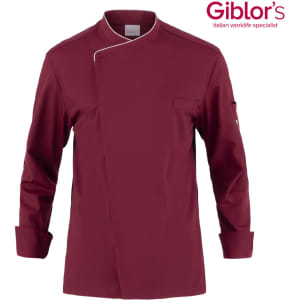 A burgundy chef's jacket with a sleek design featuring a single chest pocket and a logo on the sleeve.