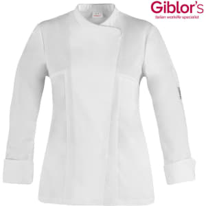 A white chef jacket with a modern cut and long sleeves, featuring a logo on the sleeve.