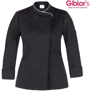 A black chef jacket with long sleeves and a stylish collar, featuring a logo on the sleeve.