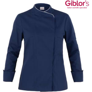A navy blue chef jacket featuring a stylish design and a logo. It has a professional collar and long sleeves.