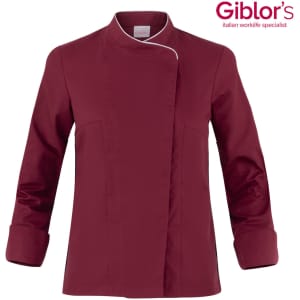A maroon chef jacket featuring a stand-up collar and long sleeves, with a logo in the corner.