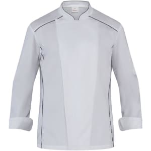 A chef jacket in white with contrasting details, featuring a stylish design and a logo. Suitable for culinary professionals.