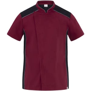 A burgundy chef jacket with black accents, featuring a fold-over collar and short sleeves. It has a branding logo.