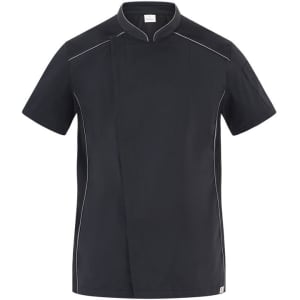 A black chef jacket with short sleeves and contrasting white piping, featuring a small logo on the chest.