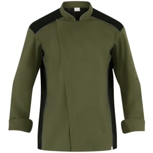 An olive green chef jacket featuring black accents and a fitted design, with a logo on the sleeve.
