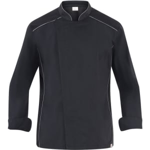 A black chef jacket with long sleeves and contrasting piping, featuring a branded logo.